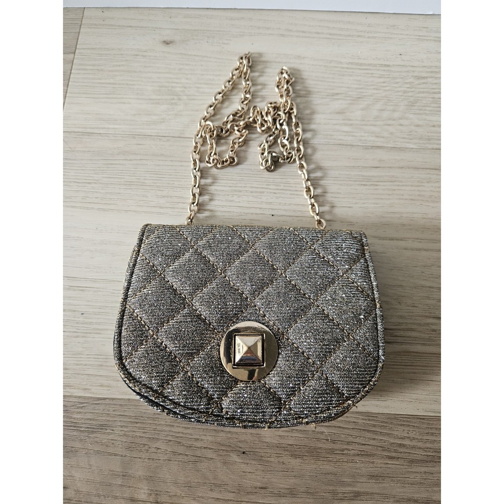 Minicci Gold Glitter Crossbody Shoulder Bag Quilted Shimmer Evening Purse Twist